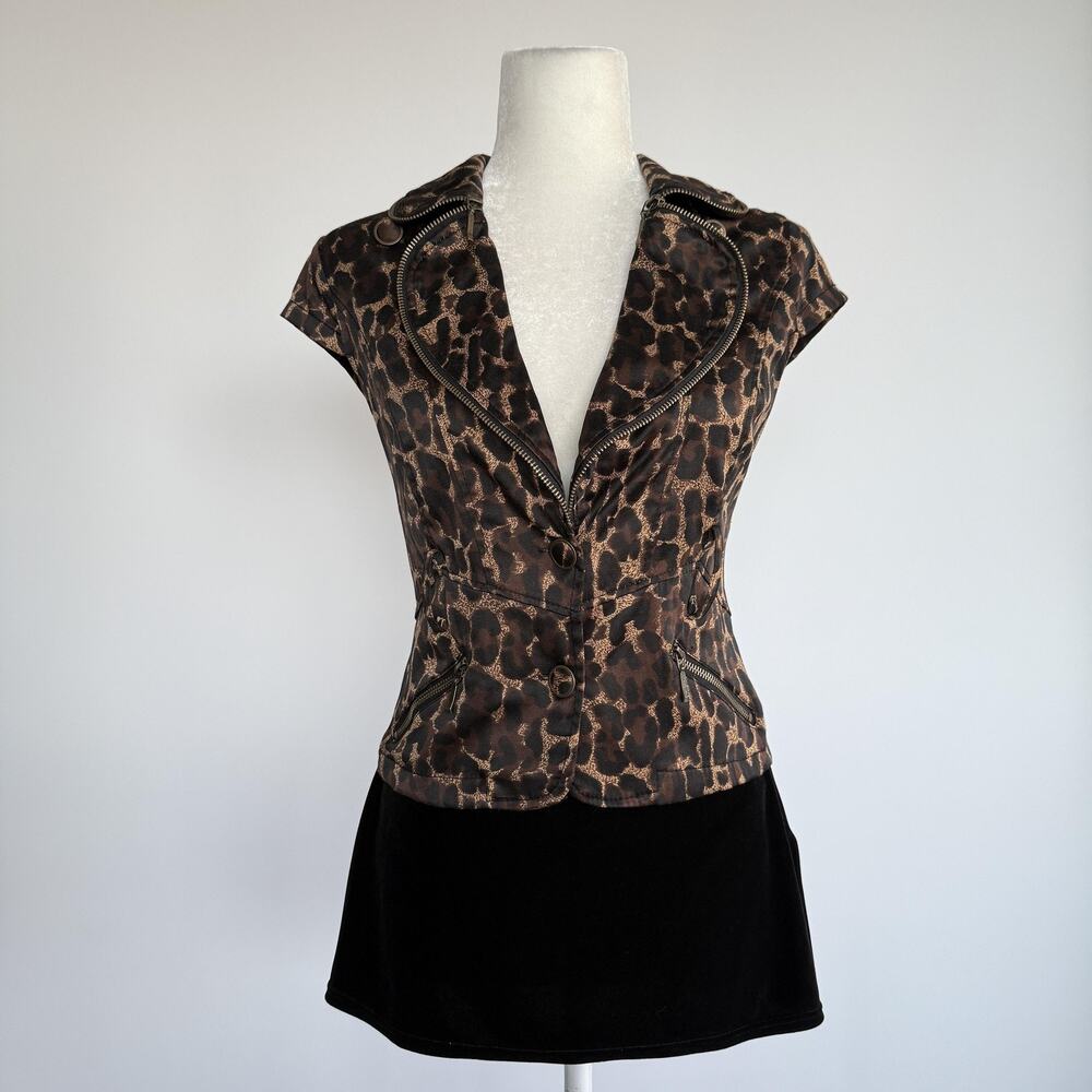Ashley By 26 International Blouse Womens S Brown Animal Print Zip Cap Sleeve Top